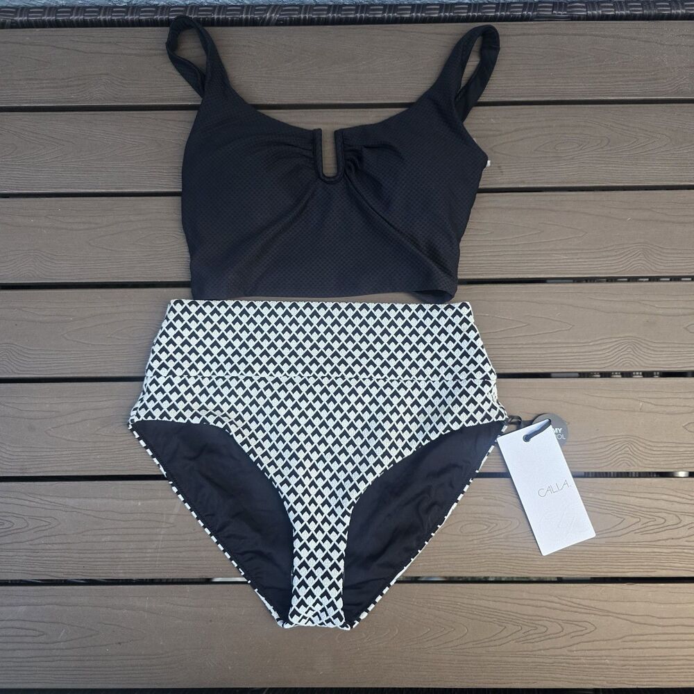 CALIA Women's Long Line Top & Ebony Jacquard High Rise Bikini Sz S New No Tag